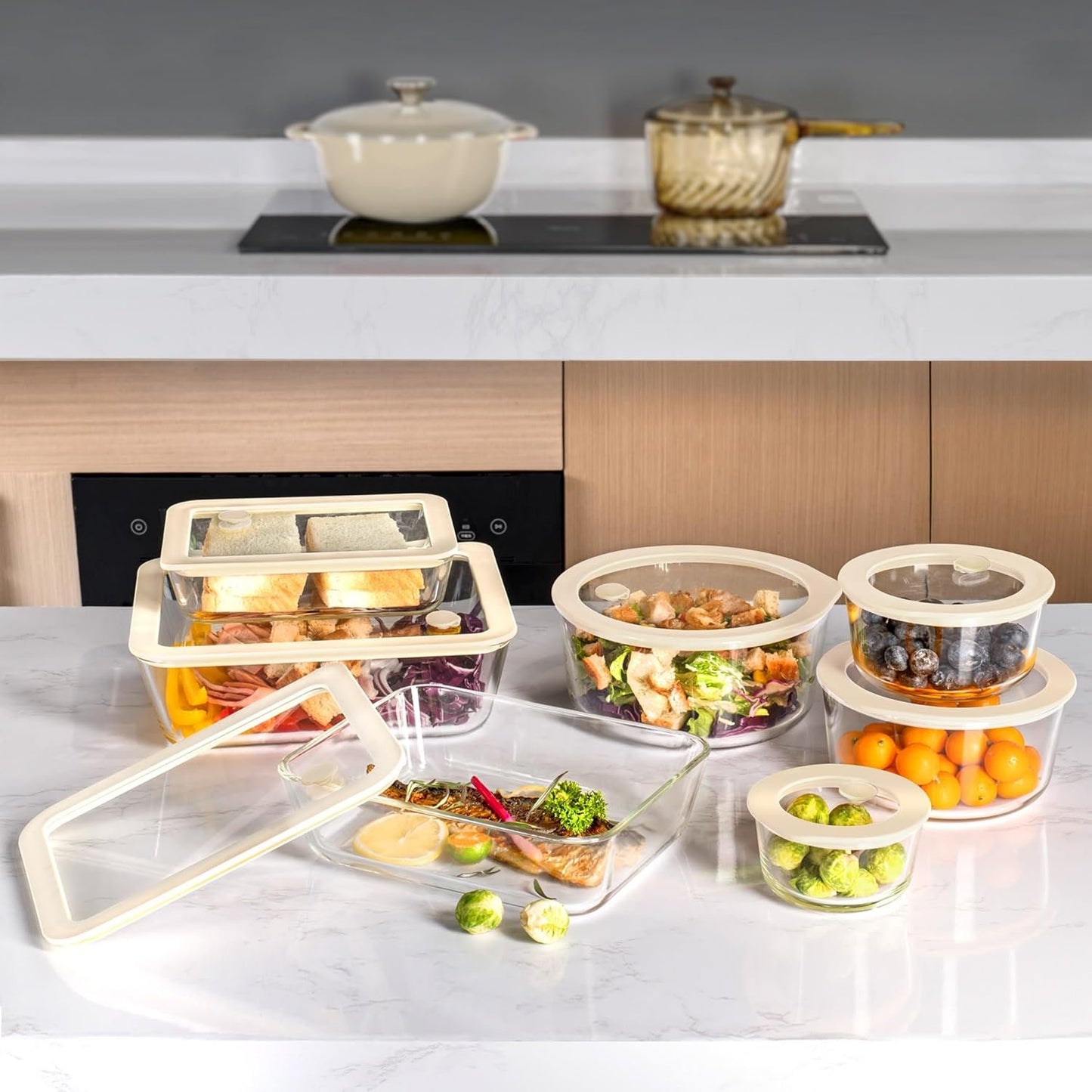 Urban Green Glass Food Storage Container Sets with Glass Lids, 3 Pack, Meal Prep Food Containers with Airtight Lids, Microwave Safe, Oven Safe, LeakProof, 100% Plastic Free, (White Color)