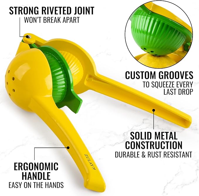 Zulay Kitchen Metal 2-in-1 Lemon Squeezer - Sturdy Max Extraction Hand Juicer Lemon Squeezer Gets Every Last Drop - Easy to Clean Manual Citrus Juicer - Easy-Use Lemon Juicer Squeezer - Yellow/Green