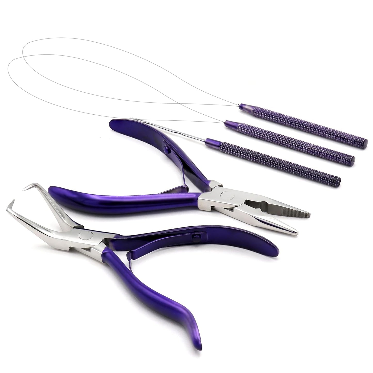 Professional Hair Extension & Beading Tool Kit Remove Plier Set for beads (4 Piece) I-Link Micro Ring Loop Needle Pulling Hook Threader Wire for Silicone Rings (Purple)