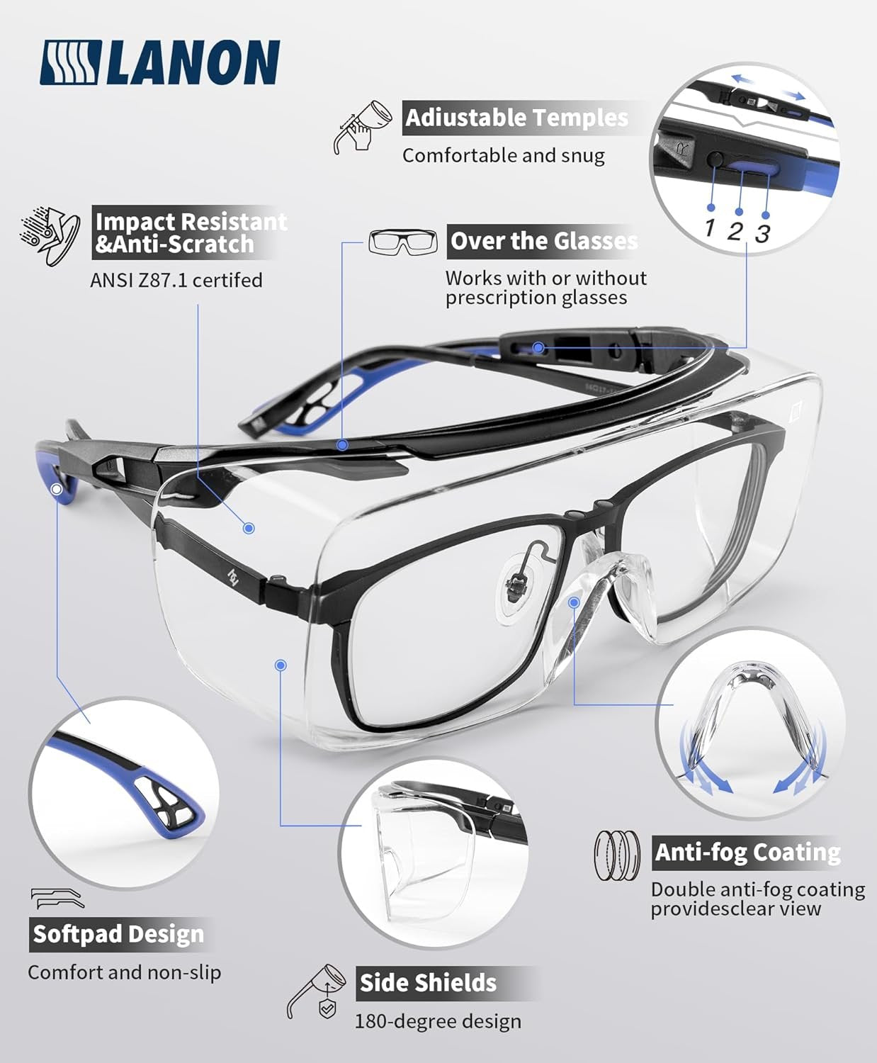 LANON Safety Glasses Over Glasses,ANSI Z87.1 Lenses with Anti-Fog & Scratch,Side Protection, High Transmission, Adjustable Protective Eyewear Goggles