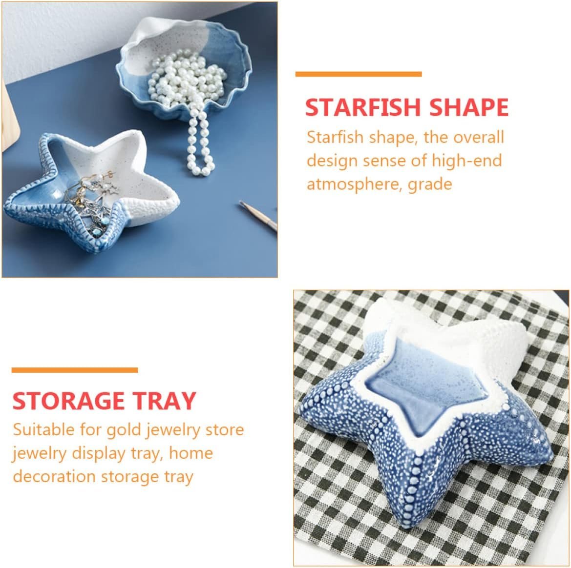 DEARMAMY 2 Pcs Starfish Tray Gadgets Home Supplies Home Drawer Jewelry Box Beach Plate Key Starfish Ceramic Blue