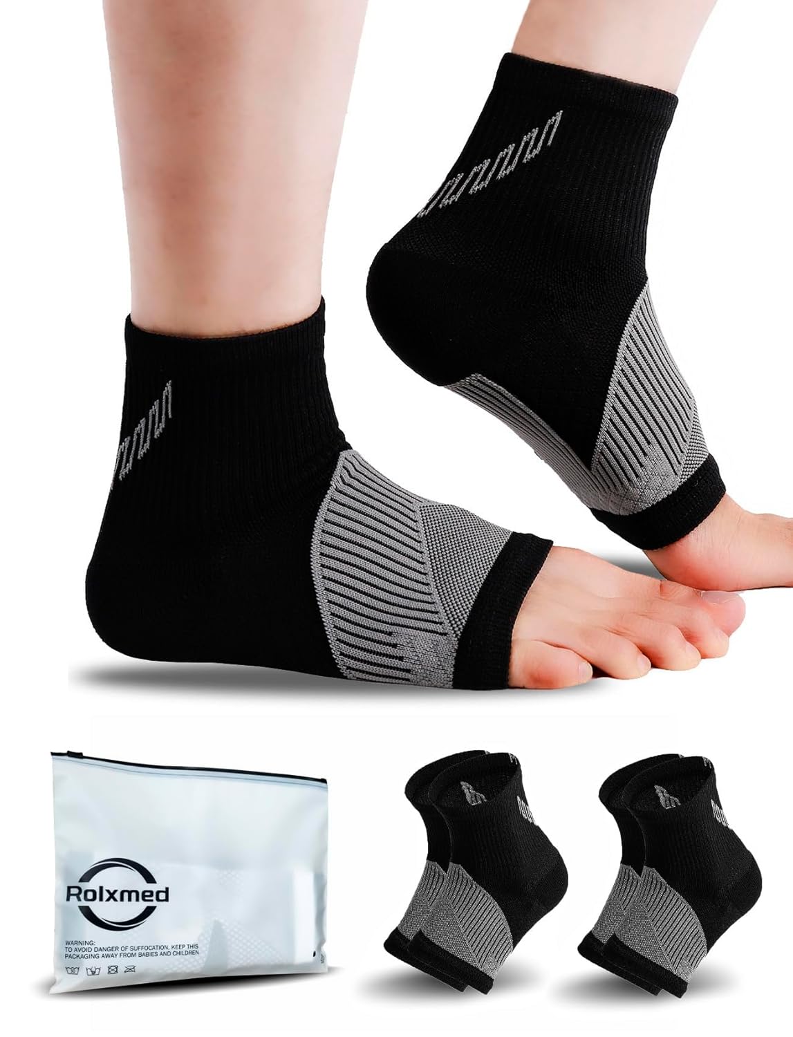 Rolxmed Peripheral Neuropathy Socks Ankle Compression Sleeves for Plantar Fasciitis Nerve Pain Relief Support Sock Elastic Brace for Women Men (4, Black, L)