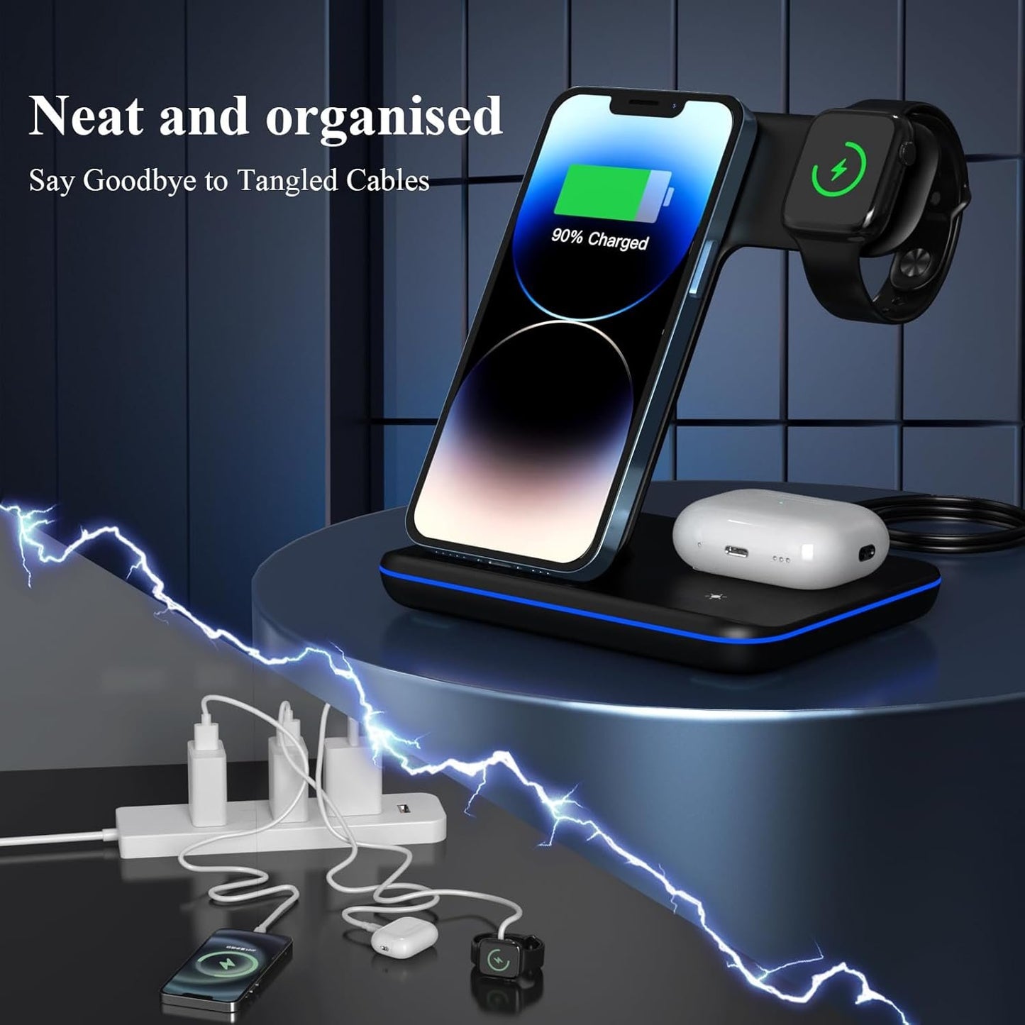Minthouz Wireless Charger, 15W iPhone Charging Station for Multiple Devices iPhone Watch, AirPods, 3IN1 Wireless Charger Stand Compatible with iPhone 15/14/13/12/11 (with Adapter)