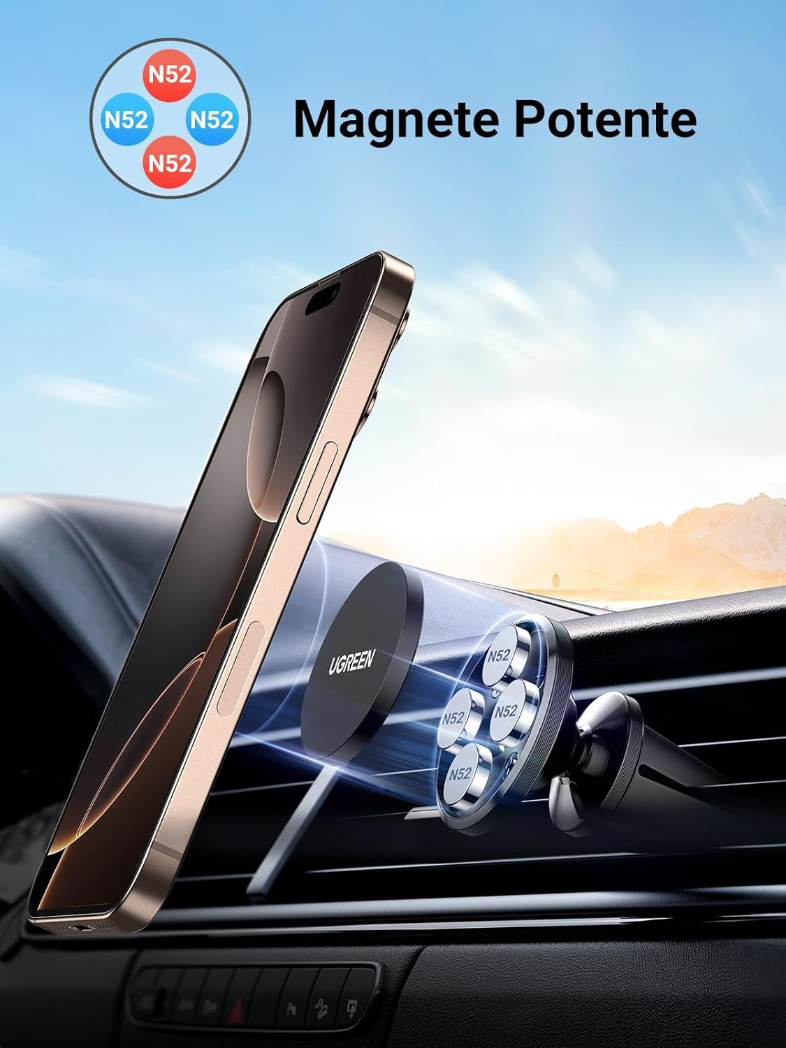 UGREEN Magnetic Car Phone Holder with 2 Metal Pads Included, Car Phone Holder for iPhone 16 15 14, Galaxy, OPPO, Redmi/Xiaomi, etc