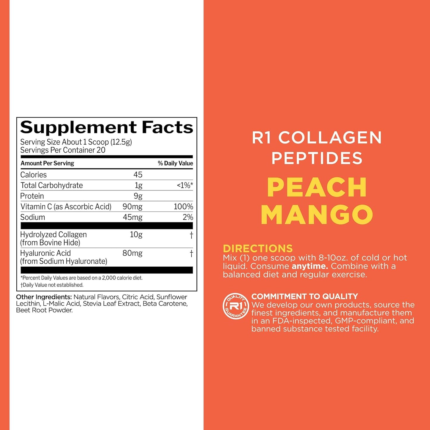 Rule1 R1 Collagen Peptides Hair Skin Nail & Joint Support Supplement 336 g, Peach Mango (28 Servings)