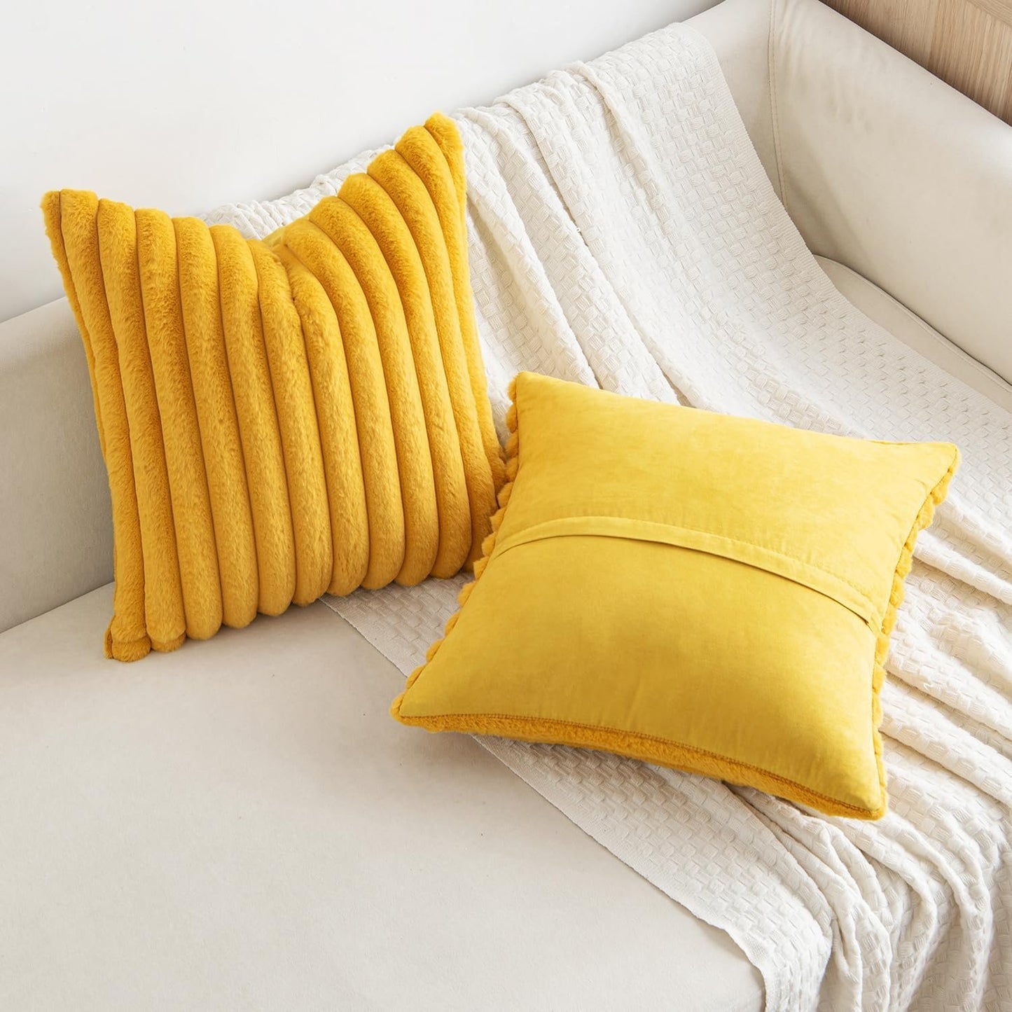 MIULEE Mustard Yellow Throw Pillow Covers 18x18 Inch Set of 2 Soft Pillowcase with Velvet Back Faux Rabbit Fur Cushion Covers Decorative Home Decor for Couch Sofa Bedroom Livingroom