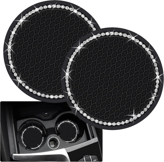 2PCS Bling Car Cup Coaster, 2.75 Inch Auto Cup Holder Insert Coasters Silicone Anti-Slip Crystal Rhinestone Drink Mat, Universal Vehicle Interior Accessories for Women Girls (Black)