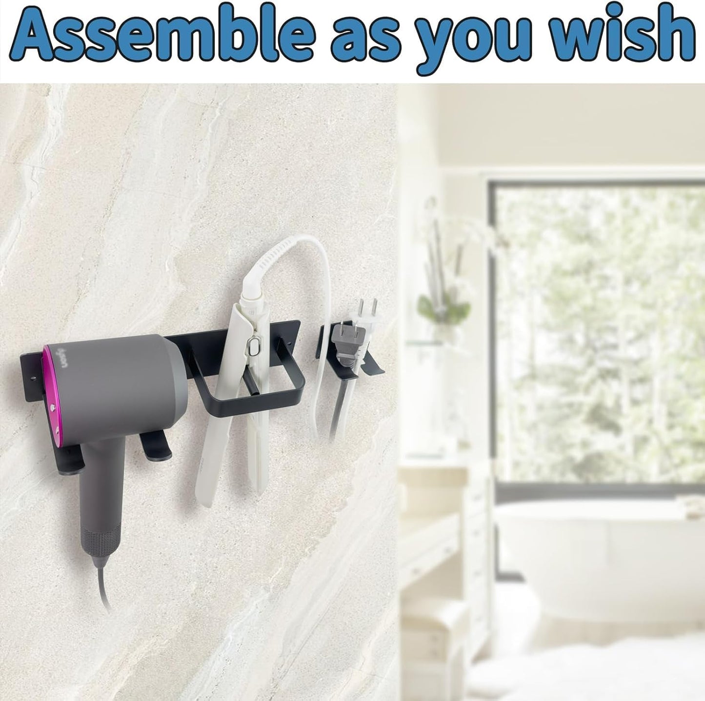 YUET Hair Dryer Holder, Hairdryer Station Accessories Wall Mounted, Straightener Holder, Bathroom Hair Styling Care Tool Organizer, Multi-Functional Space Storage Bracket (Black)