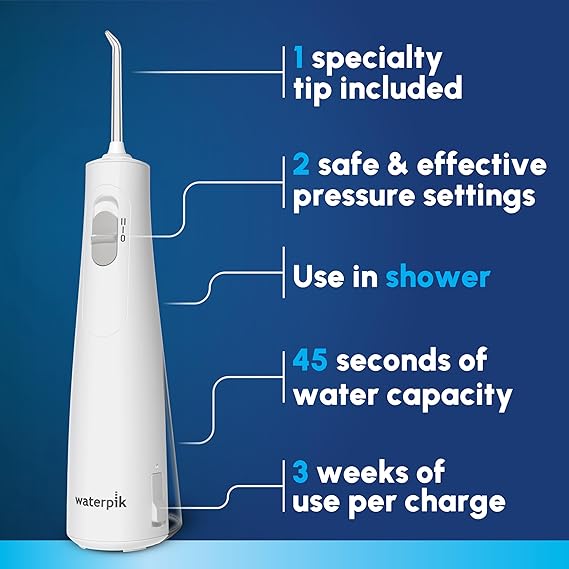 Waterpik Cordless 1100 Rechargeable Portable Water Flosser for Teeth Cleaning and Flossing, Travel, Braces Care, Healthier Gums, Waterproof for Shower, ADA Accepted, WF-30CD White, Packaging May Vary
