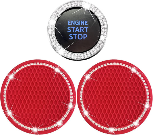 2 Car Cup Holder Coaster and 1 Crystal Rhinestone Engine Push Start Stop Button Cover Decoration, Interior Accessories for Women, Sticker Bling Ignition Ring (Blingred)