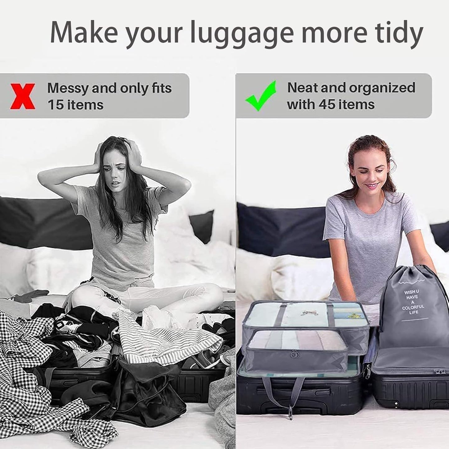 Jikekiroto 12-Piece Travel Organizer Suitcase Set Luggage Packing Set Travel Cubes Packing Organizers Sacks Storage Suitcase Set (Grey)
