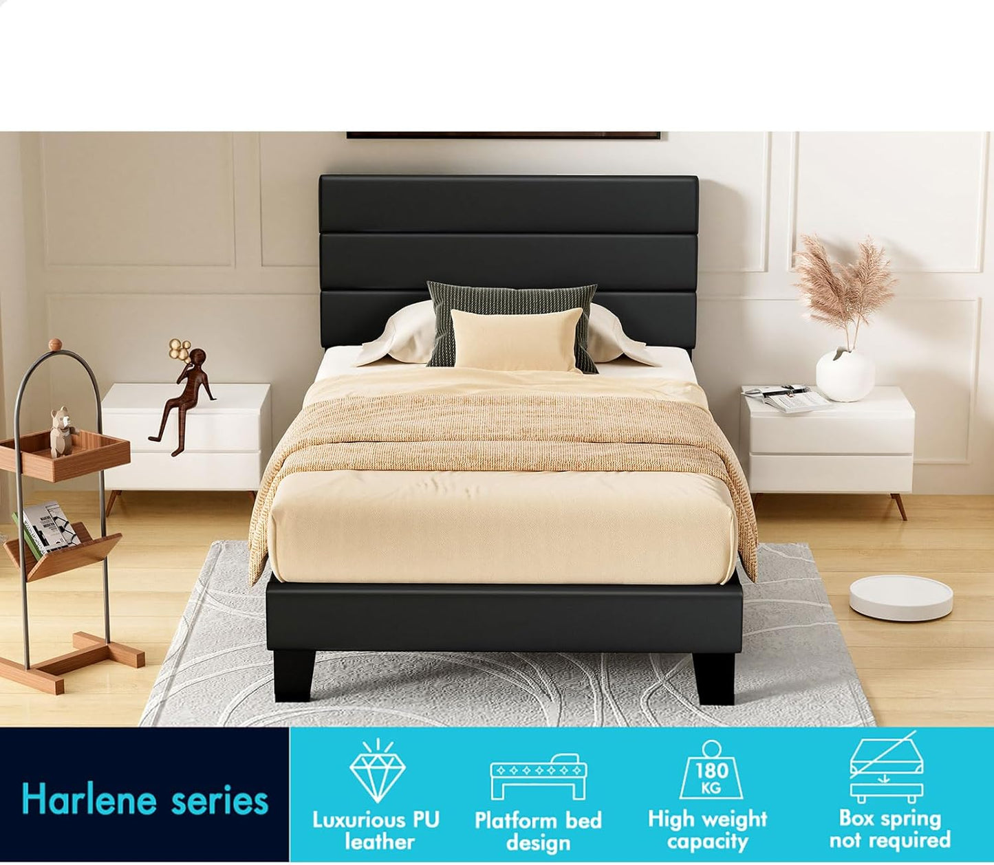 ALFORDSON Bed Frame Base King Single Size with Headboard, Bed Platform Foundation with PU Leather Upholstered for Mattress Topper, Harlene Series Black