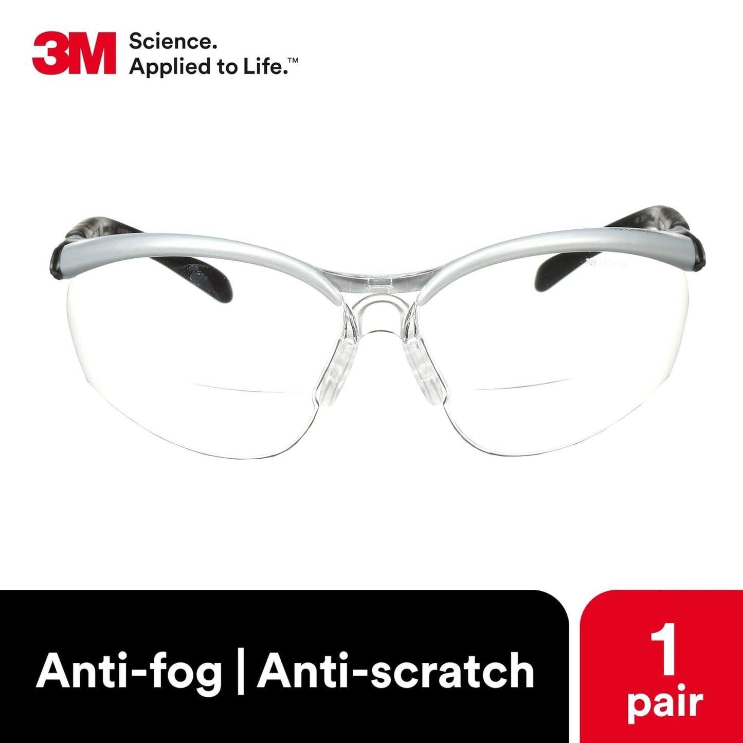 3M Safety Glasses with Readers, BX, +2.5, ANSI Z87, Anti-Fog Anti-Scratch Clear Lens, Silver Frame, Adjustable Length Temples and Lens Angle