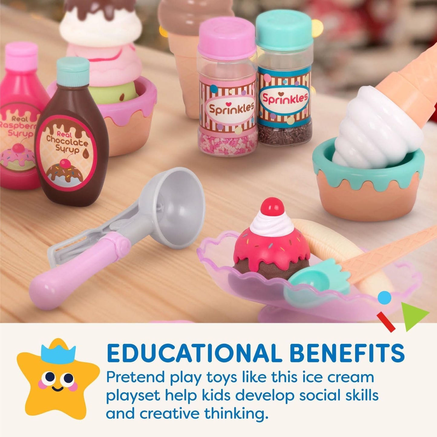 Play Circle by Battat – Sweet Treats Ice Cream Parlour Playset – Sprinkles, Cones, Spoons, Cups - Pretend Play Food Decorating Kit – Toy Frozen Dessert and Accessories for Kids 3 and Up (21 Pieces)