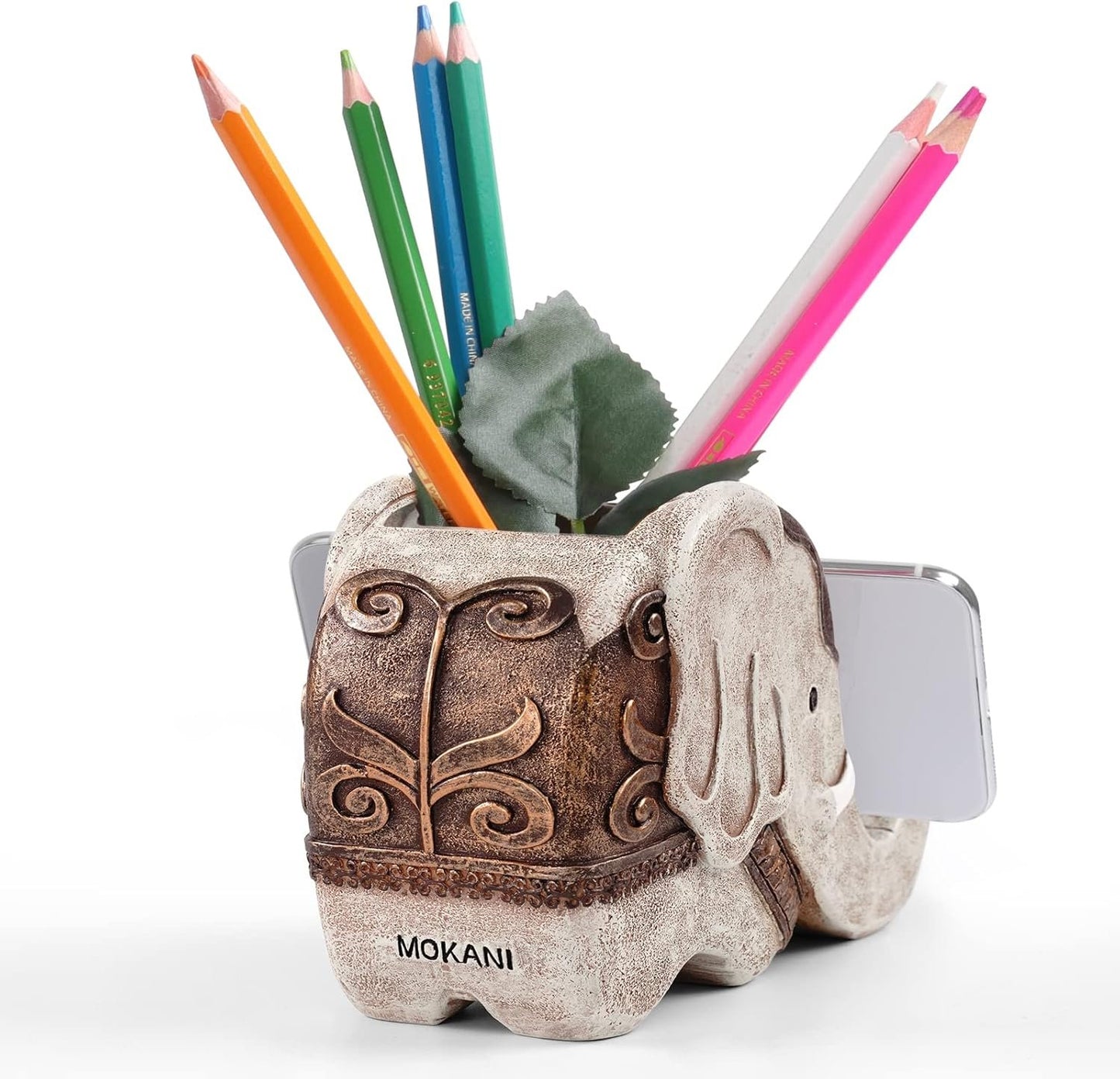 Mokani Elephant Pen Pencil Holder with Cell Phone Stand, Multifunctional Desk Organizer Desk Decor Elephant Gifts for Women Cute Desk Accessories Home Office Decoration Thanksgiving Christmas Gift