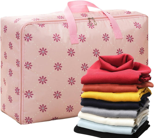 Storage Bags, Waterproof Foldable Zippered Organizer, Oxford Cloth Pvc Handbag for Bedding, Blankets, Dorm, Moving, Closet Storage, 21.7x13x7.9 Inches, Pink, Navy Blue