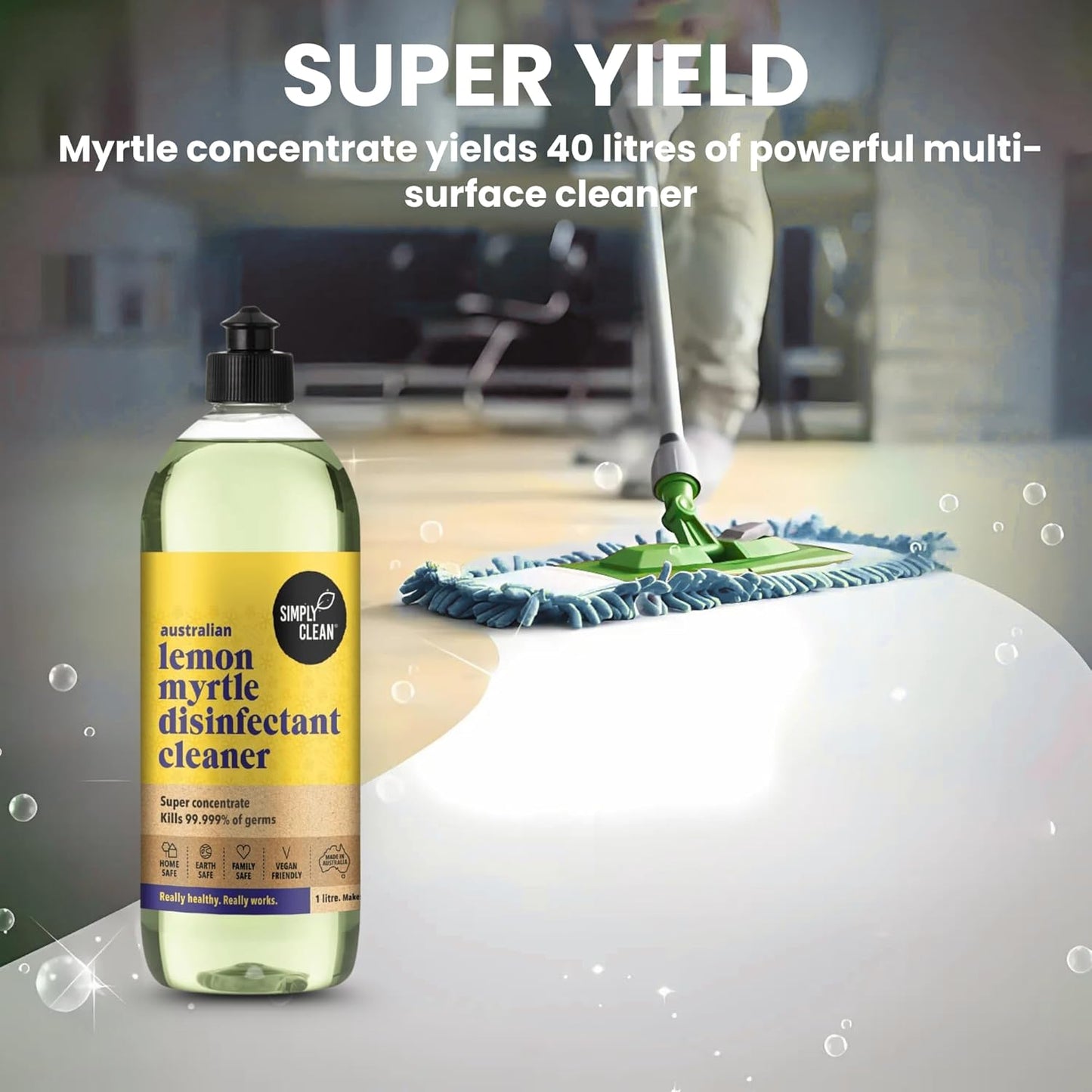 SimplyClean Lemon Myrtle Disinfectant Concentrated Cleaner - Natural Multi-Surface Cleaner with Pure Australian Lemon Myrtle Essential Oil - Makes 40 Litres - 1 Litre
