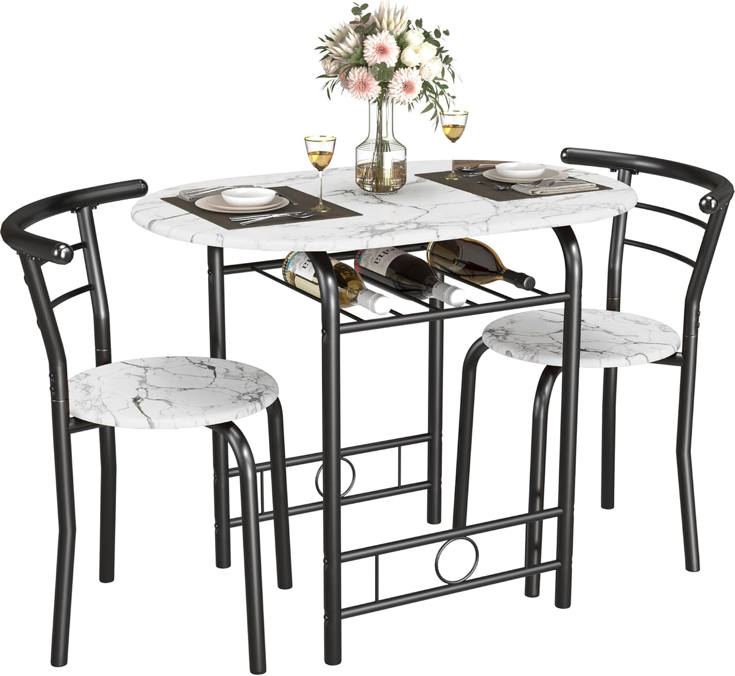 JUMMICO 3-Piece Wooden Round Table & Chair Set, Space Saving Kitchen Breakfast Nook Wood Grain Tabletop with Metal Frame and Built-in Wine Rack for Kitchen, Dining Room (White/Black)