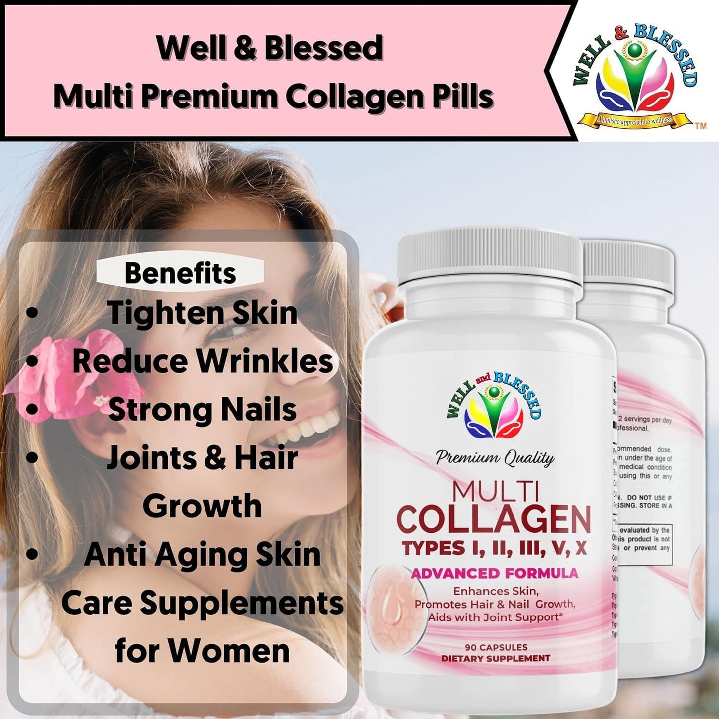 Multi Premium Collagen Supplements for Women with Vitamin C, E -Tighten Skin, Reduce Wrinkles, Strong Nails, Joints & Hair Growth - Anti Aging Skin Care Supplements for Women -90 Capsules