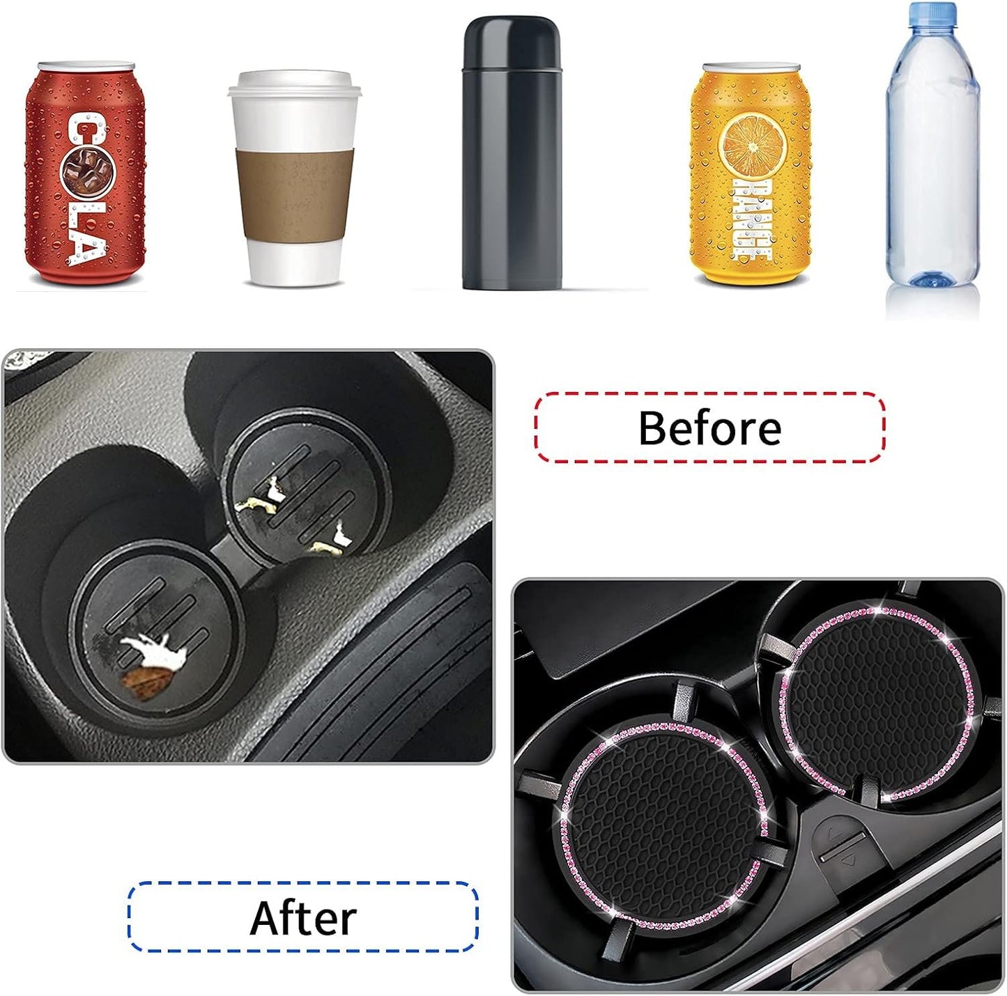 4 Pack Car Coasters, Universal Vehicle Bling Car Coaster, Crystal Rhinestone Coaster for Cup Holders,Interior Accessories 2.75'' Silicone Anti Slip Car Coasters for Women (Pink Crystal Circle)
