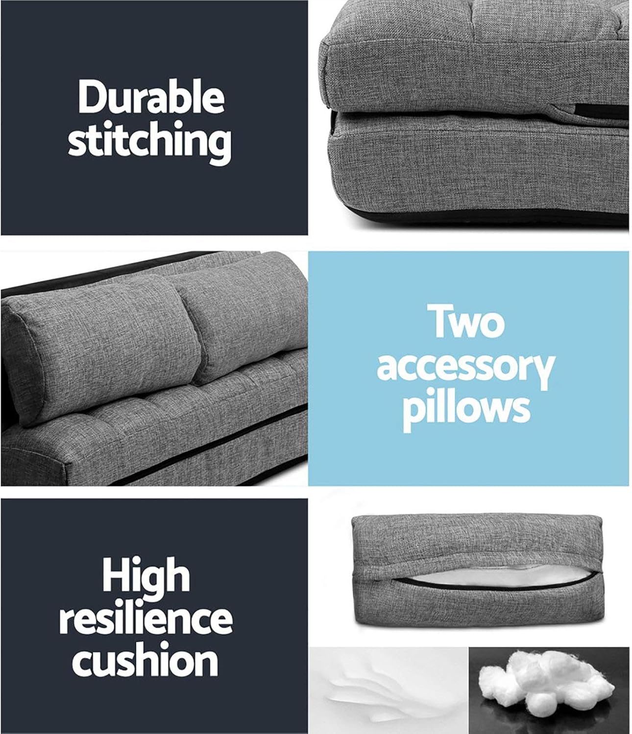 Artiss Sofa Bed, 2 Seaters Adjustable Futon Couch Cushions Flool Lounge Recliner Chair Lounger Office Outdoor Indoor Living Room Bedroom Furniture, Removable Foldable Soft Space Saving Grey