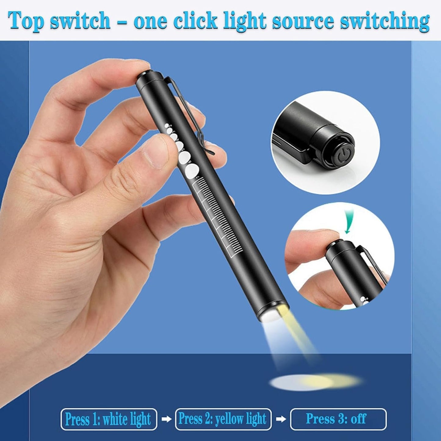 Yuentoen USB Rechargeable Pen Light, Reusable LED Stainless Steel Pocket Penlight, Tactical Flashlight for Emergency, Repair Checking, Home and Outdoor(Black)