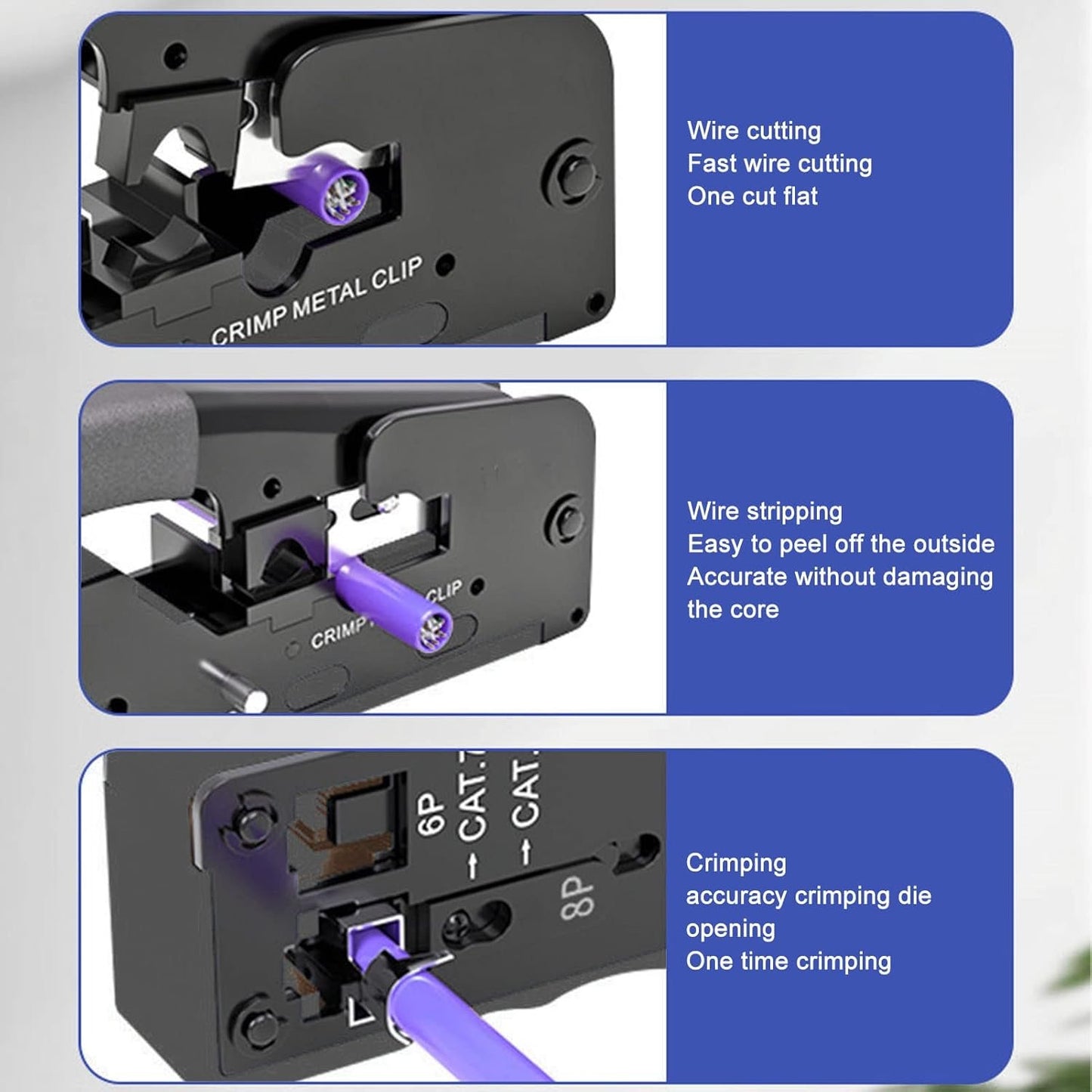 RJ45 Crimp Tool, Adjustable Crimping Mode Safety Lock Pass Through Crimping Tool Crimper Cutter for RJ45 8P/RJ11 6P for Cat5e/Cat6a/Cat7a
