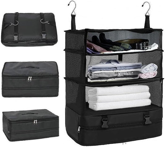 SAHENITEANA 3-Shelf Suitcase Packing Cubes Organizer with 2 Hooks, Portable Hanging Travel Shelves Bag, Large Capacity Collapsible Closet Storage Bag Space Saver for Wardrobe Suitcase Carry On