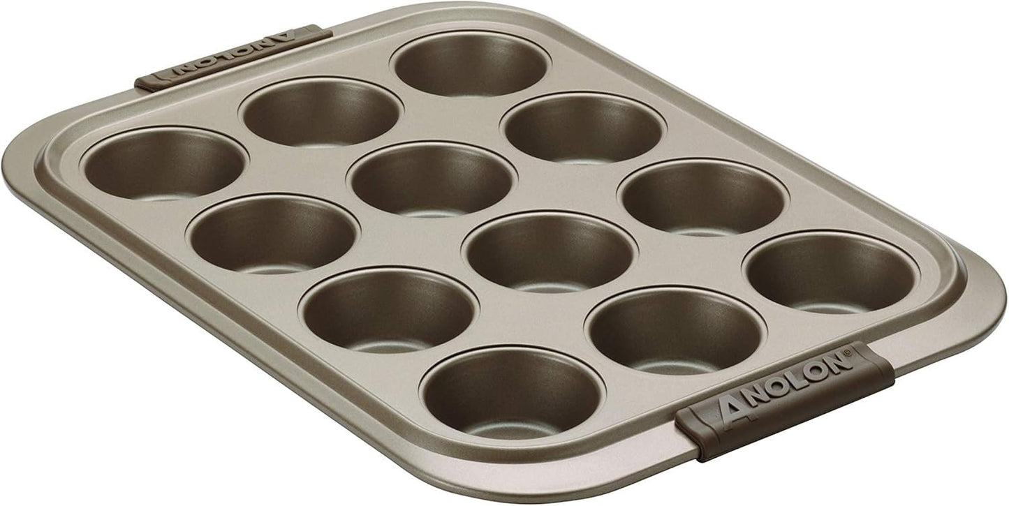 Anolon 12 Cup Advanced Bronze Nonstick Bakeware Muffin Pan with Silicone Grips, Brown