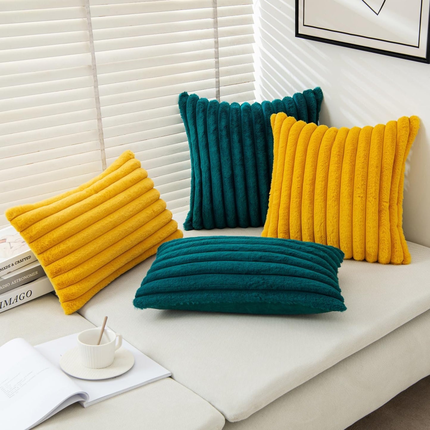 MIULEE Mustard Yellow Throw Pillow Covers 18x18 Inch Set of 2 Soft Pillowcase with Velvet Back Faux Rabbit Fur Cushion Covers Decorative Home Decor for Couch Sofa Bedroom Livingroom