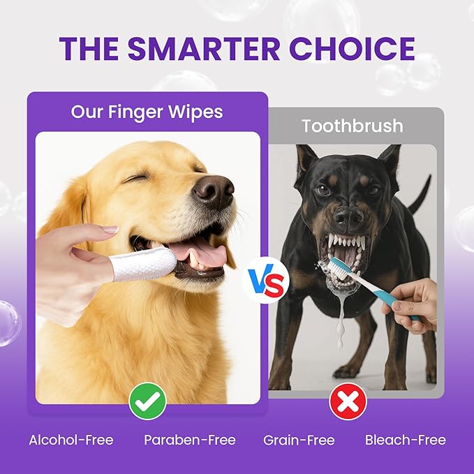 No-Rinse Dog Dental Care Wipes, Cat & Dog tooth brushing kit, Dog Wipes for Pet & Cat Teeth Cleaning, Dog toothbrush Finger Dental Wipes to Remove Plaque & Tartar, Disposable Dog Wipes - 50 Count