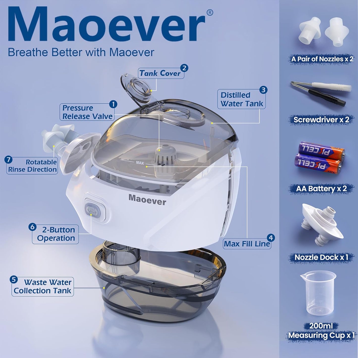 MAOEVER Nasal Irrigation System - Electric Neti Pot Sinus Rinse Machine for Nasal Care, Nose Cleaner Device with 30 Salt Packets and a Measuring Cup,...