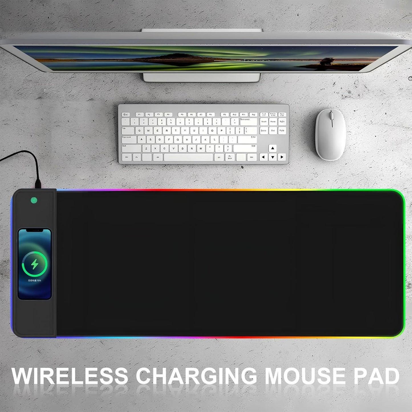 RGB Gaming Mouse Mat 15 W Qi Upgrade Mouse Mat Non-Slip Rubber Foot Mouse Pad Black Waterproof Gaming Accessories with 10 Lighting Modes LED Light for iPhone Pro Mobile Phone, Headphones, Home, Office