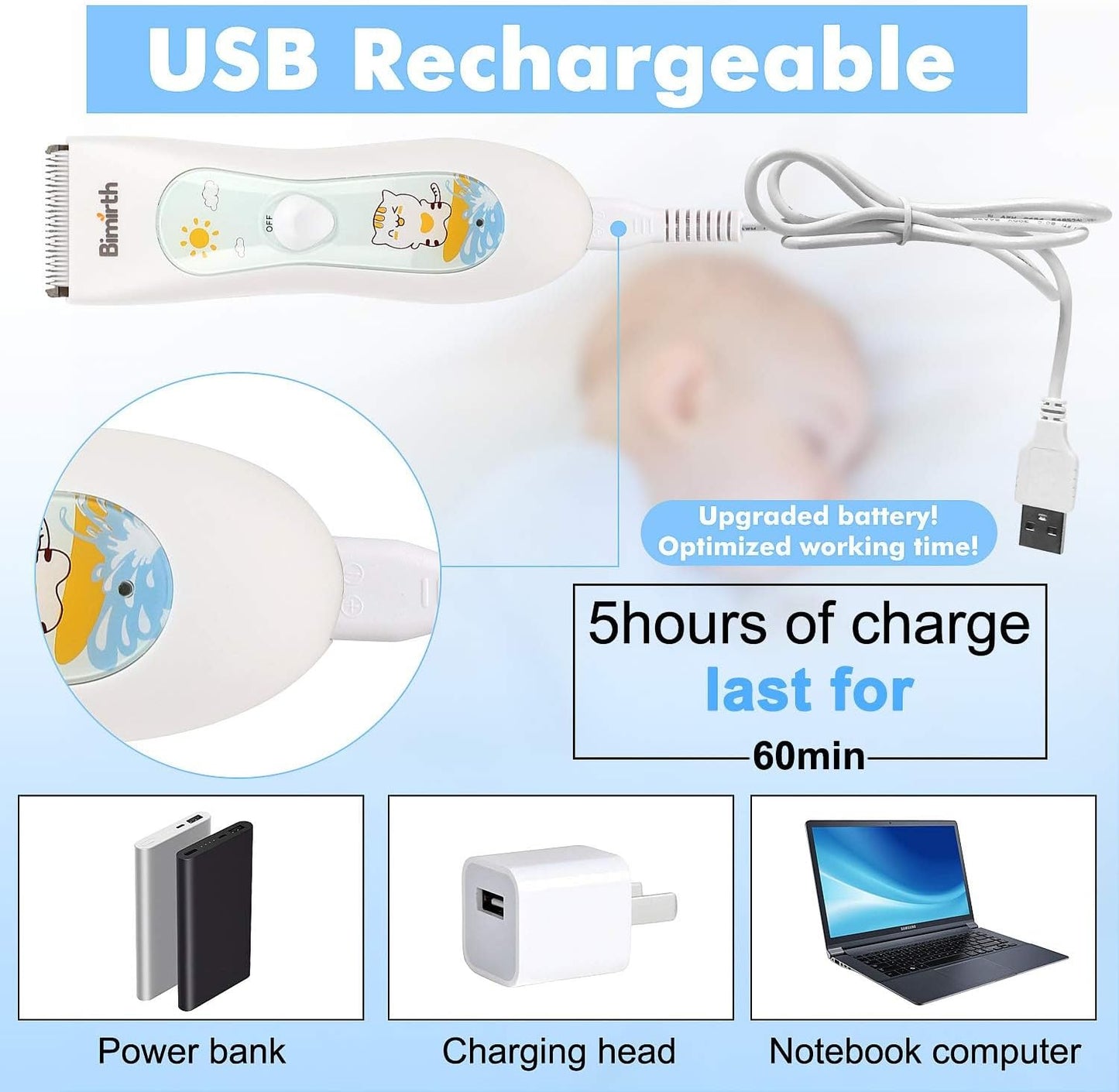 Bimirth - Electronic Hair Razor for Kids with USB Rechargeable Razor and Ceramic Blade, Waterproof, 3 Protective Combs