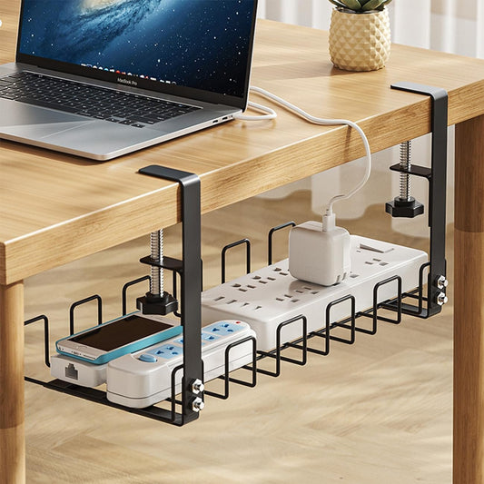 No Drill Under Desk Cable Management Tray Under Desk Cable Tray Holder Desk Cable Organizers Accessories Desk Cable Management Box Fits Most Table for Office, Home - No Damage to Desk(Black)