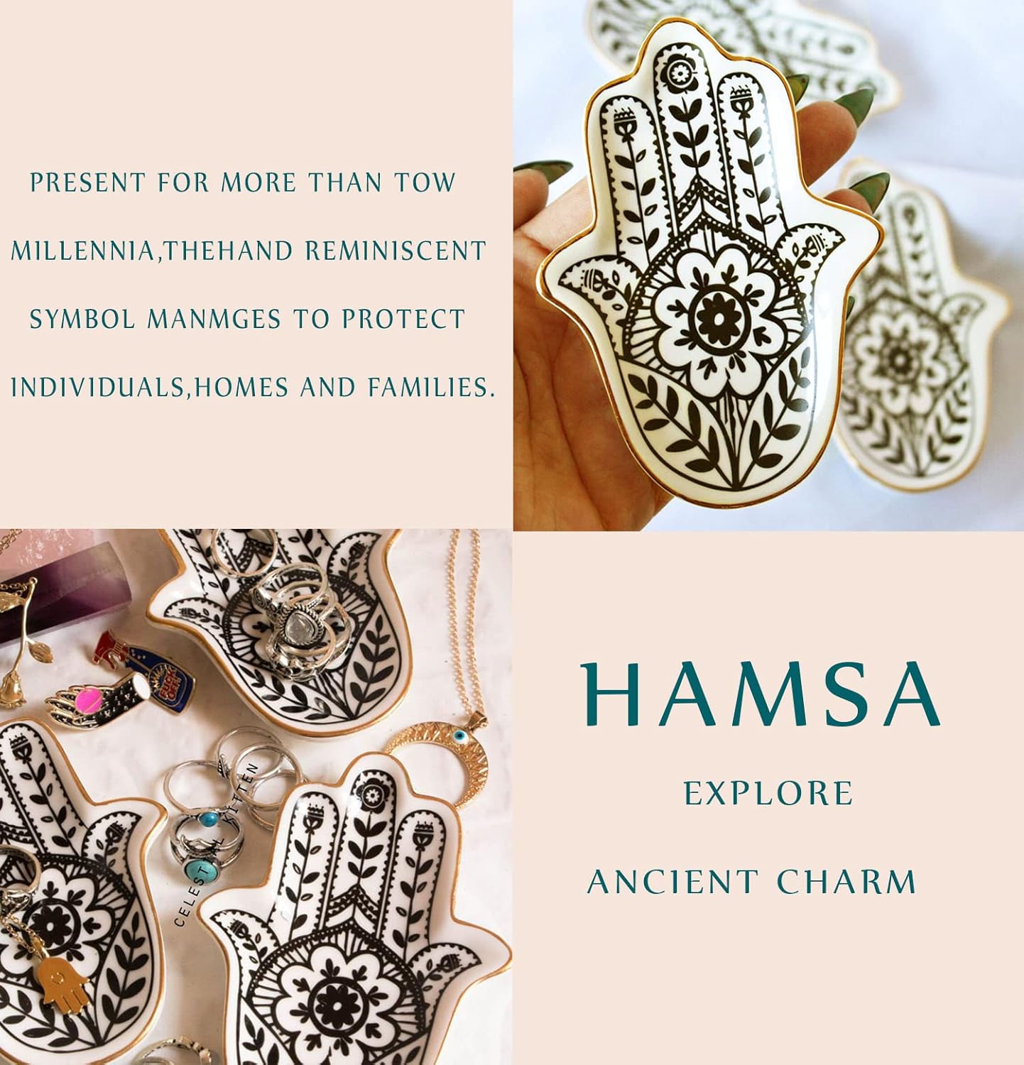 MADE BY LUCKY Jewelry Trinket Ring Dish Ceramic Hamsa Evil Eye Hand of Fatima Holder Key Ashtary Trinket Plate Bowl Small Boho Home Decorative Cute Decor Jewelry Tray Dish Gift Mom Brithday