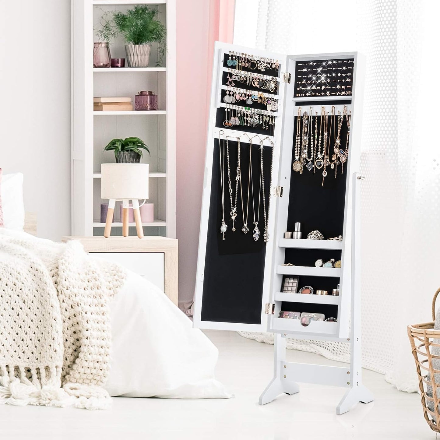 COSTWAY Floor Standing Jewellery Cabinet with 3 Corner Mirror, Jewellery Box Organizer for Bedroom Jewellery, 35 x 30 x 144 cm (White)