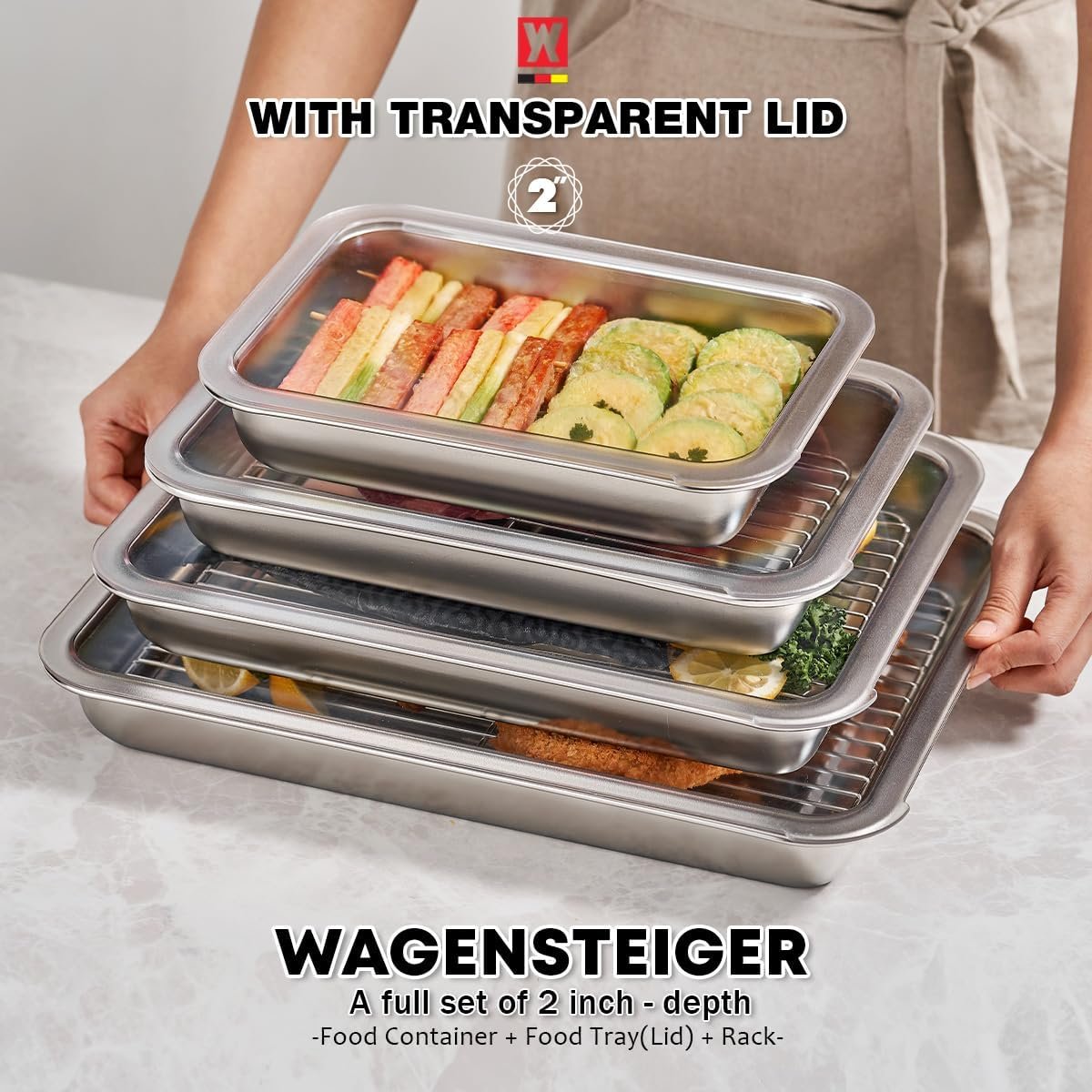 WAGENSTEIGER Stainless Steel Food Prep Container Set with Rack & Transparent Lid, Catering & Buffet Party Pans, Hotel Pans, Food Storage (10.63 x 7.87 x 2 inches / 2.38Quarts)