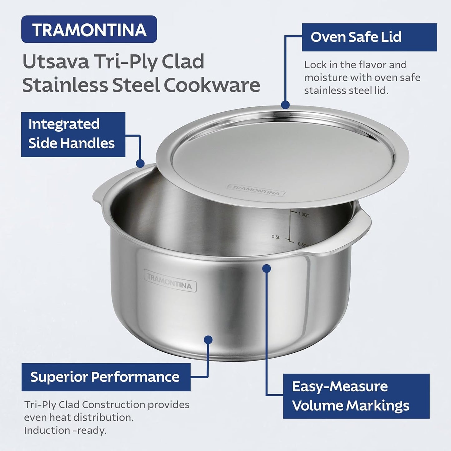Tramontina Utsava 9.5-Quart Tri-Ply Clad Stainless Steel Tope with Lid, Patila Pot for Indian Cooking