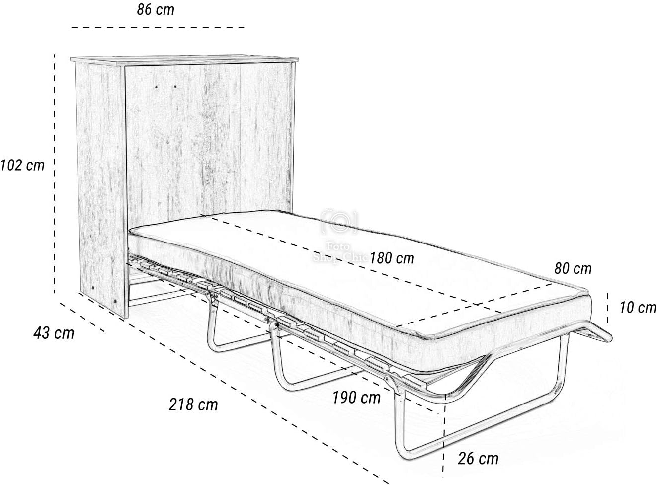LE CHIC ARREDAMENTI Folding Wooden Single Folding Bed with Wheels with Bed Base and Slatted Frame and High Density Mattress, Thickness 10 cm