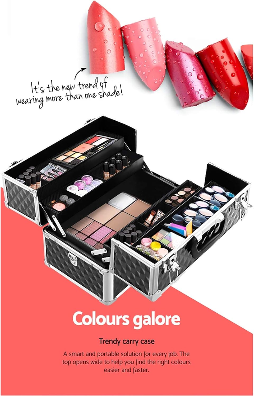 Embellir Makeup Case, Aluminium Lockable Beauty Cases Suitcase Make Up Large Organisers Storage Portable Toiletry Cosmetic Box Travel Indoor Outdoor Accessories, with 8 Dividers 4 Sliding Trays Black