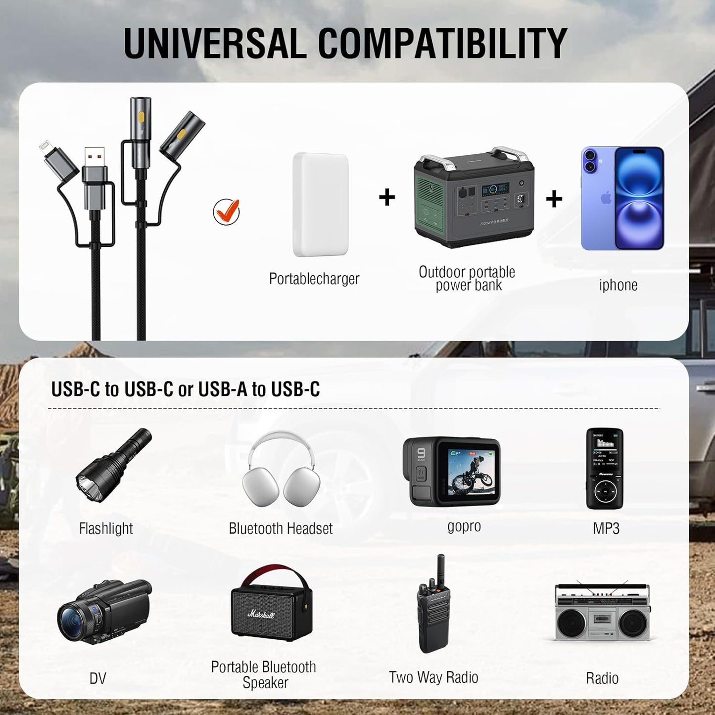 4smarts 6-in-1 Outdoor Explorer Lightning/USB-A/USB-C to USB-C Cable with Emergency Light & Fire Starter, 60W Charging Cable with Survival Tools, 4ft/1.2m Rugged Design for Camping, Hiking & Travel