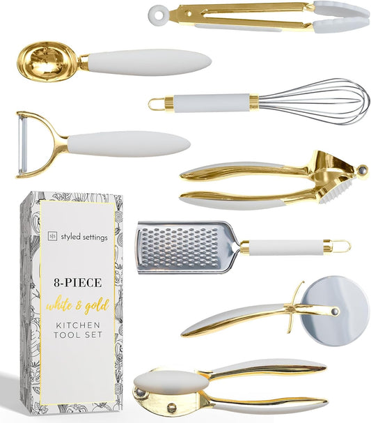 White & Gold Cooking Utensils Set - Luxe 8-Piece Kitchen Gadget Set Includes Can Opener, Tongs and Garlic Press - Stylish White and Gold Kitchen Accessories for Modern Kitchens, Ideal for Gifting