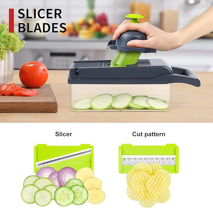 Vegetable Chopper Mandoline Slicer,Veggie Chopper, Multifunctional 10 in 1 Food Choppers, Kitchen Vegetable Slicer Dicer Cutter,Onion Mincer,Cheese Grater,Colander Basket,Kitchen Gadgets (Gray/Green)