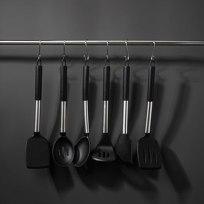 Large Silicone Kitchen Cooking Utensils Set, 11 pcs Cooking Utensils, Kitchen Tools Gadgets for Nonstick Cookware, Spatula, Turner, Masher, Ladle, Strainer, Server, BPA FREE, Dishwasher Safe (Black)