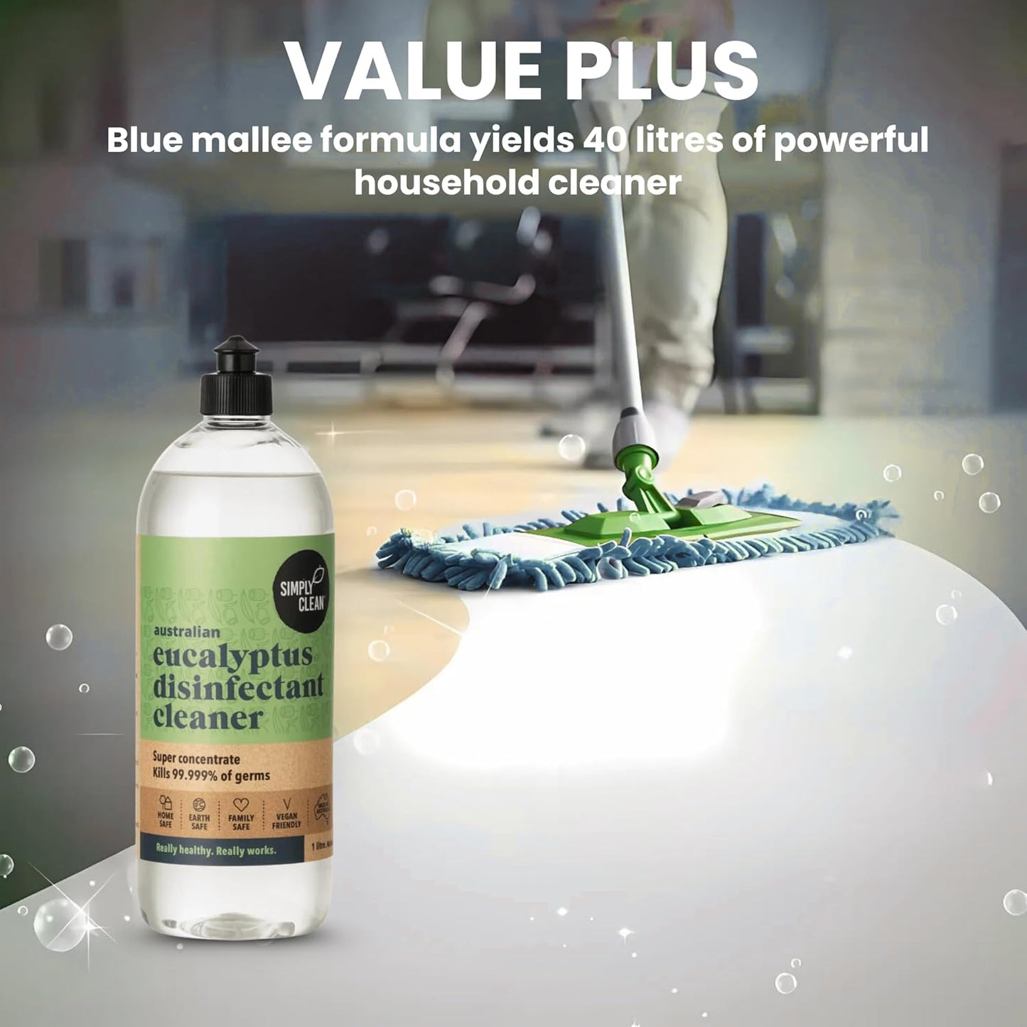 SimplyClean Eucalyptus Disinfectant Concentrated Cleaner - Natural Multi-Surface Cleaner with Pure Australian Eucalyptus Essential Oil - Makes 40 Litres - 1 Litre