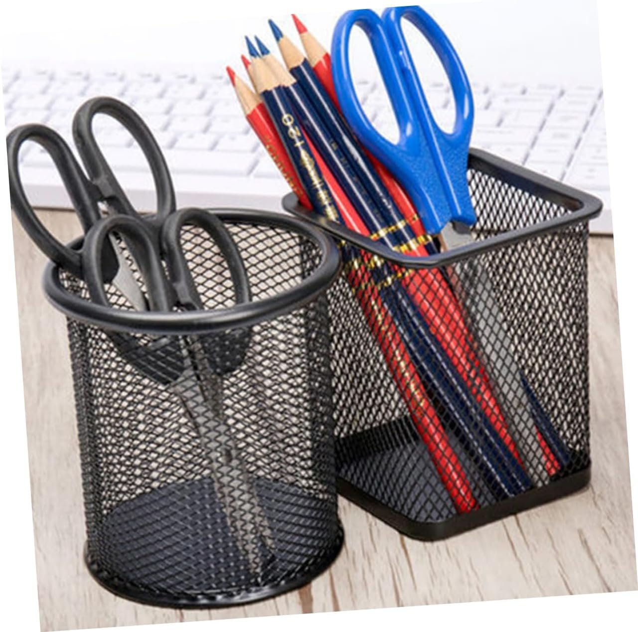Tofficu 2 Pcs Black Iron Mesh Pen Holder Cylinder Cuboid Design for Office Organization Stylish Desk Storage for Home School and Workspaces