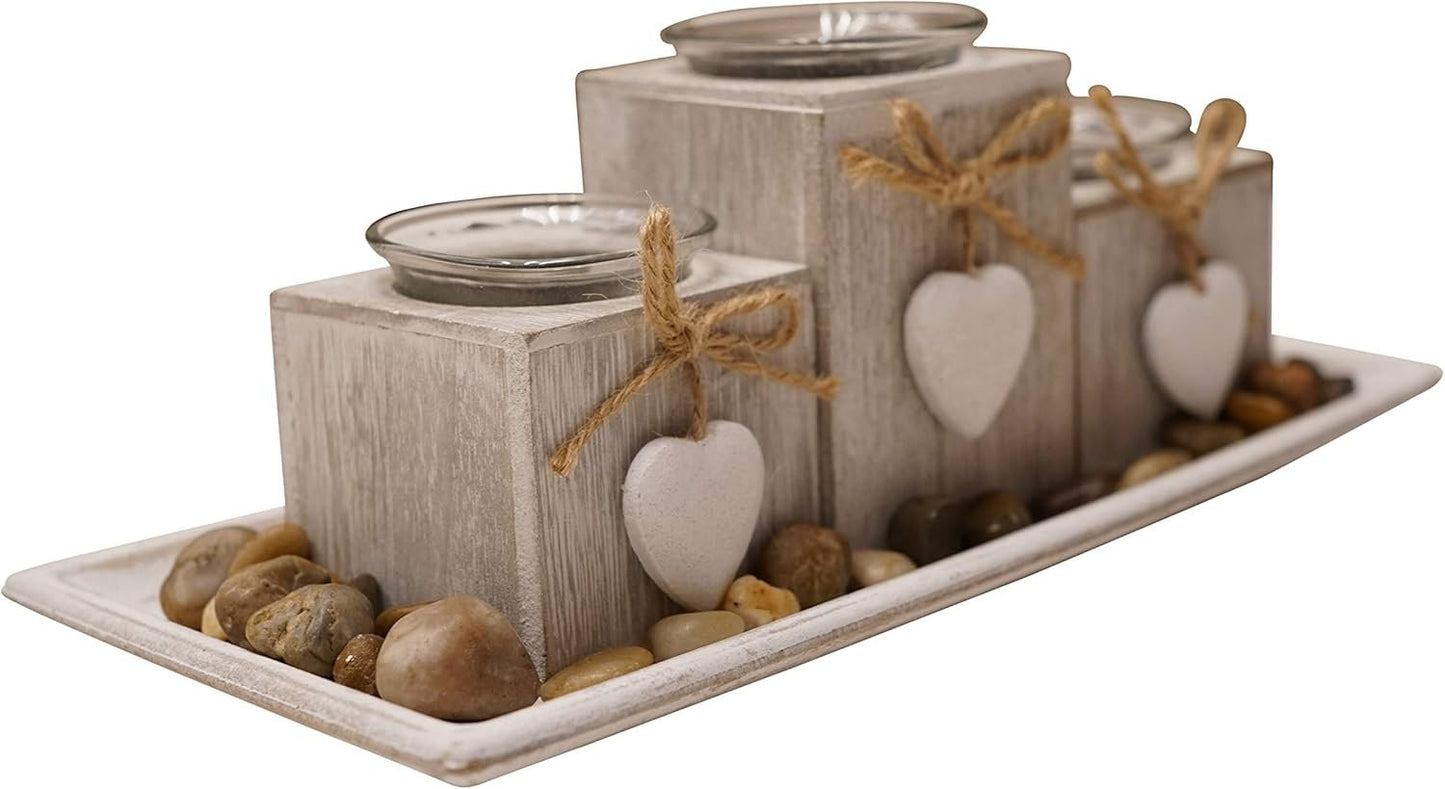 khevga Wooden Candle Tray Grey Black White with Hearts (Light Grey Small)