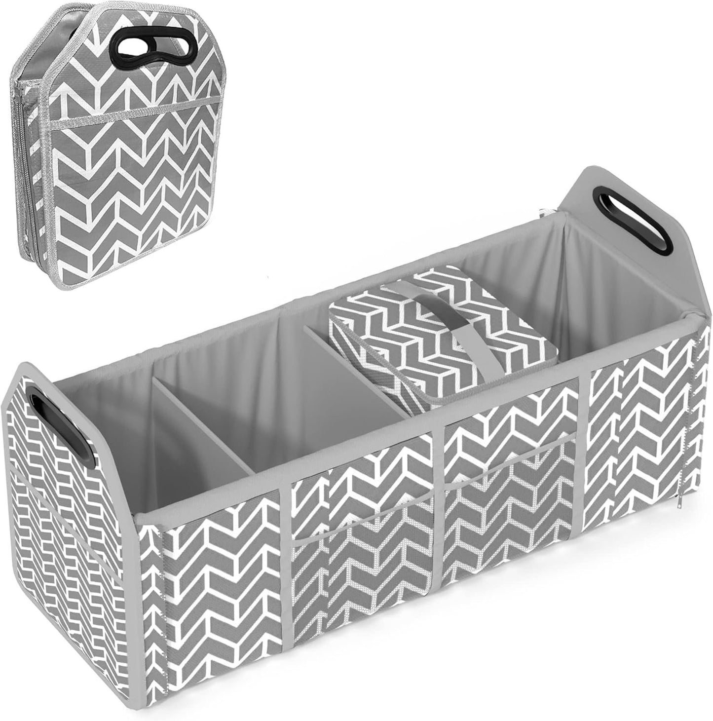 Trunk Organizer, Foldable Car Storage Bag Portable Insulation Cooler Bag Collapsible Vehicle Organizer Divider Storage Totes with 4 Compartment Cargo Tote for Groceries Caddy SUV, Gray