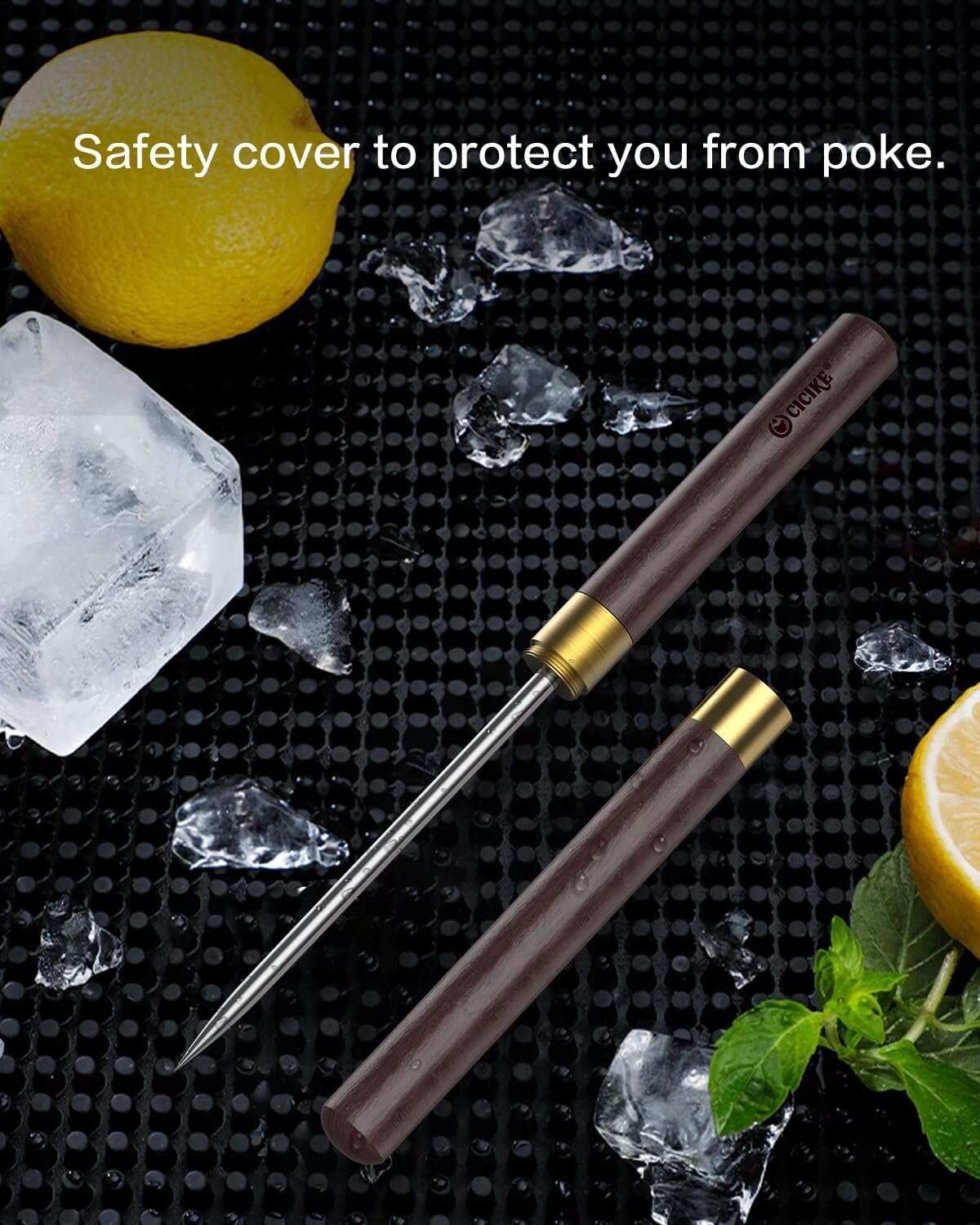 Stainless Steel Ice Pick with Safety Cover, Pick Tool for Breaking Ice, Non-slip Wooden Handle for Easy to Grip, 9 Inches Length (Pack of 1)